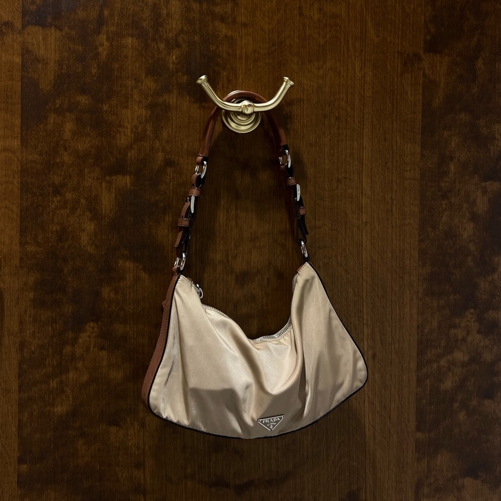 Prada Vintage Tessuto Beige Tan Nylon Shoulder Bag Brown Leather Buckle Strap